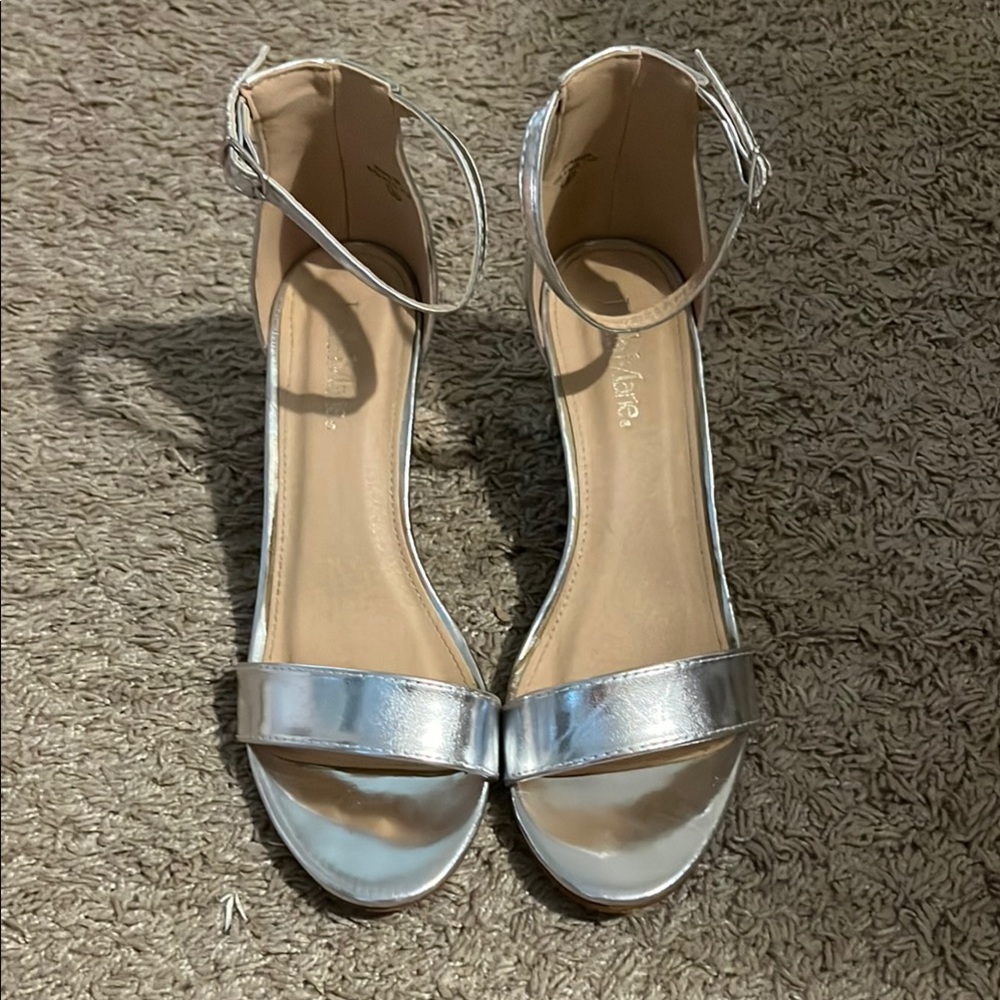 Silver Ankle Strap Block Heels